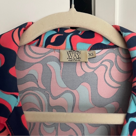 Katharine Way Dress Red Shift Geo Print half sleeve v neck - Picture 2 of 4